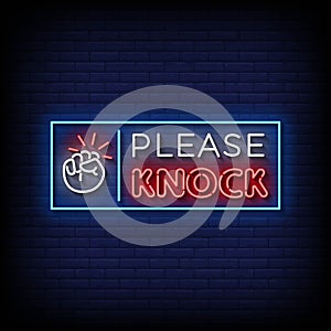 Neon Sign please knock with brick wall background vector