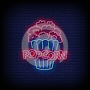 Neon Sign popcorn with Brick Wall Background Vector
