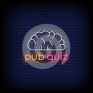 Neon Sign pub quiz with brick wall background vector photo