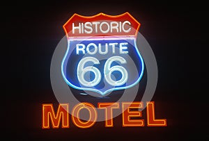 A neon sign that reads Ã¯Â¿Â½Historic Route 66 MotelÃ¯Â¿Â½