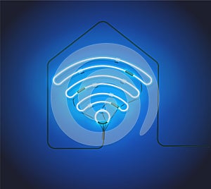 Neon sign. Retro blue neon sign Wifi Hotspot on house silhouette background.