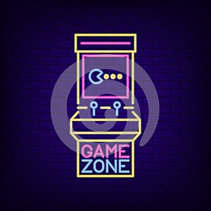 Neon sign of retro slot machine. Game Zone signboard with night light arcade game machine. Gaming advertising neon banner. Vector.