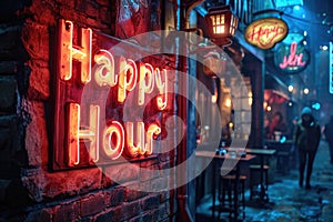 A neon sign that says happy hour on a brick wall