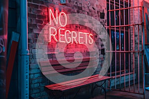 A neon sign that says NO REGRETS on a brick wall