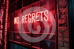 A neon sign that says NO REGRETS on a wall