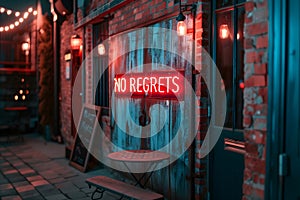 A neon sign that says NO REGRETS on a wall
