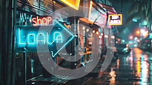 A neon sign in the shape of an arrow directing pedestrians to Shop Local with a retro font and glowing bluegreen light