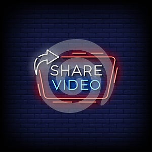 neon sign share video with brick wall background vector illustration