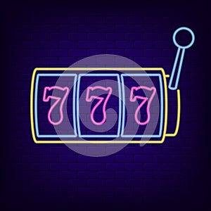 Neon sign of slot machine with lucky sevens jackpot. Casino gaming machine - night light neon signboard. Vector.