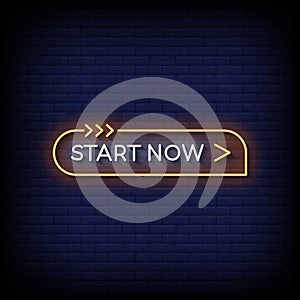 Neon Sign start now with brick wall background vector