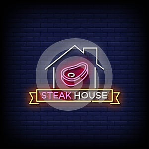 Neon Sign steak house with brick wall background vector