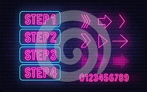 Neon sign step 1,2,3,4 with number and arrows  on brick wall background.