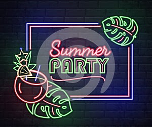 Neon sign summer party with cocktail and fluorescent tropic leaves. Vintage electric signboard