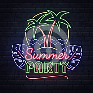 Neon sign summer party with fluorescent palm tree and tropic leaves. Vintage electric signboard