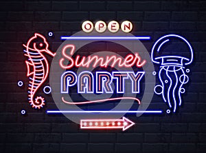 Neon sign summer party with sea hourse and jellyfish. Vintage electric signboard