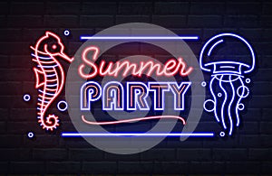 Neon sign summer party with sea hourse and jellyfish. Vintage electric signboard