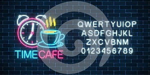 Neon sign of time-cafe with clock and coffee cup with alphabet on dark brick wall background. Glowing symbol of anti-cafe with