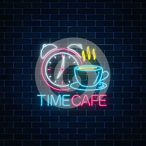 Neon sign of time-cafe with clock and coffee cup. Glowing symbol of anti-cafe with text.