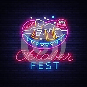 Neon Sign to oktoberfest festival vector. Oktoberfest Menu Neon Sign Vintage vector engraving illustration for