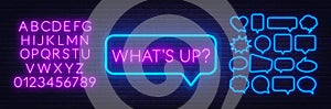 Neon sign what`s up. Set of neon speech bubbles and the alphabet on a dark background.