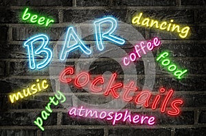 Neon sign word cloud illustration describing a cocktail night bar