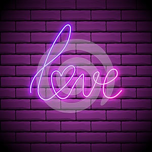 Neon sign, the word Love with heart on dark background. Design element for Happy Valentine`s Day. Ready for your design, greeting