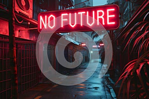 neon sign with words NO FUTURE in dystopian post-AI cyberpunk setting backalley