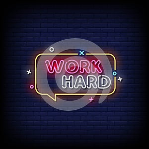 Neon Sign work hard with brick wall background vector