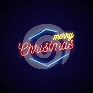 Neon signboard. Bright christmas neon banner. Christmas party billboard.