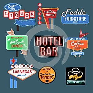 Neon signboards, billboards, light boxes and road signs set of vector Illustrations