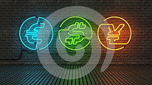 Neon signs - currency symbols on a street wall - 3D Rendering