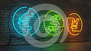 Neon signs - currency symbols on a street wall - 3D Rendering