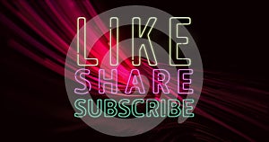 Neon signs displaying LIKE SHARE SUBSCRIBE glow against dark background