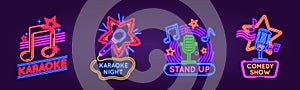 Neon signs for karaoke club and stand up comedy show. Music and song singing party night glowing logos. Karaoke bar