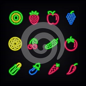 Neon signs. The symbols of different fruit and vegetables.