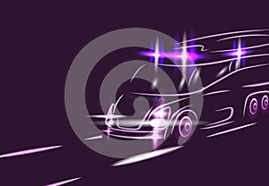 Neon silhouette of an ambulance on a highway. Special signals. Electric car. Abstract modern style. illustration