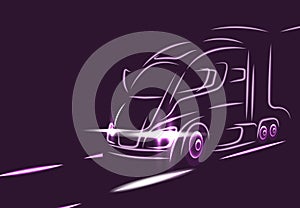 Neon silhouette of a truck on the highway. Electric car. Abstract modern style. illustration