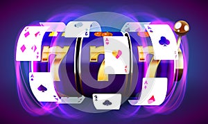 Neon slot machine coins wins the jackpot. 777 Big win casino concept.