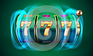 Neon slot machine coins wins the jackpot. 777 Big win casino concept