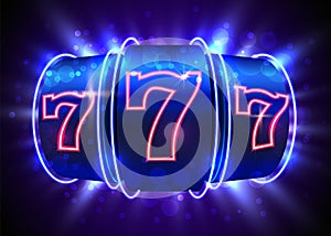 Neon slot machine wins the jackpot. 777 Big win casino concept.