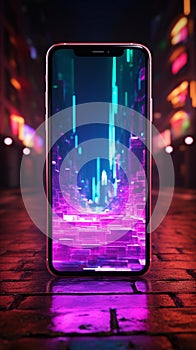 Neon smartphone sign shines on brick wall, epitomizing digital connectivity in urban landscapes.