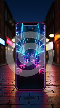 Neon smartphone sign shines on brick wall, epitomizing digital connectivity in urban landscapes.