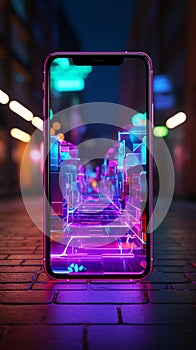 Neon smartphone sign shines on brick wall, epitomizing digital connectivity in urban landscapes.