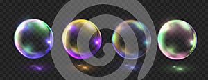 Neon soap bubble realistic 3D vector set. Rainbow colorful iridescent glass balls or spheres isolated on dark