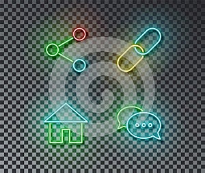 Neon social internet signs vector isolated on brick wall. Share, link, home, chat light symbol, deco