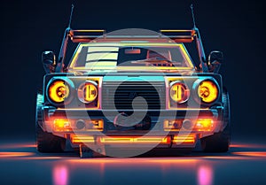Neon sound system on a retro car against a black background