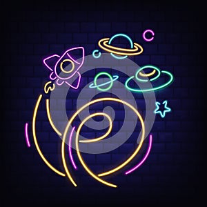 Neon space icons set, rocket, ufo, Saturn and star