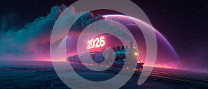 Neon Space Train with 2026 Sign Over Planet Surface