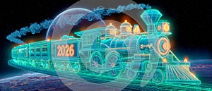 Neon Space Train with 2026 Sign Over Planet Surface