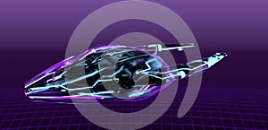 Neon spaceship on purple bacground,cyber pank,3d render